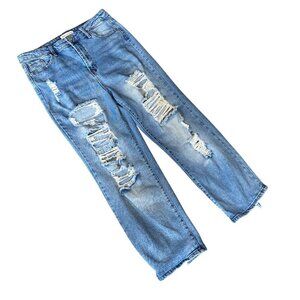 Almost Famous Dad Jean Distressed Ripped Straight Leg Blue Jr Sz 13 345G